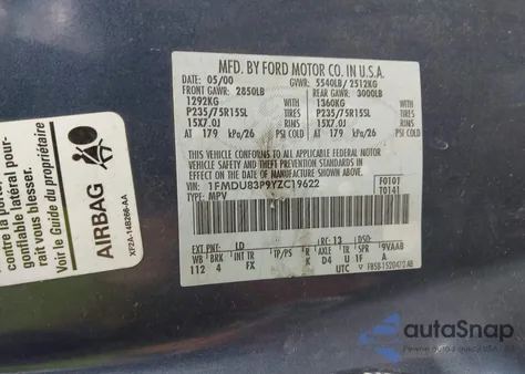 2000 Ford Explorer Xlt из США, поврежденный, VIN 1FMDU83P9YZC19622